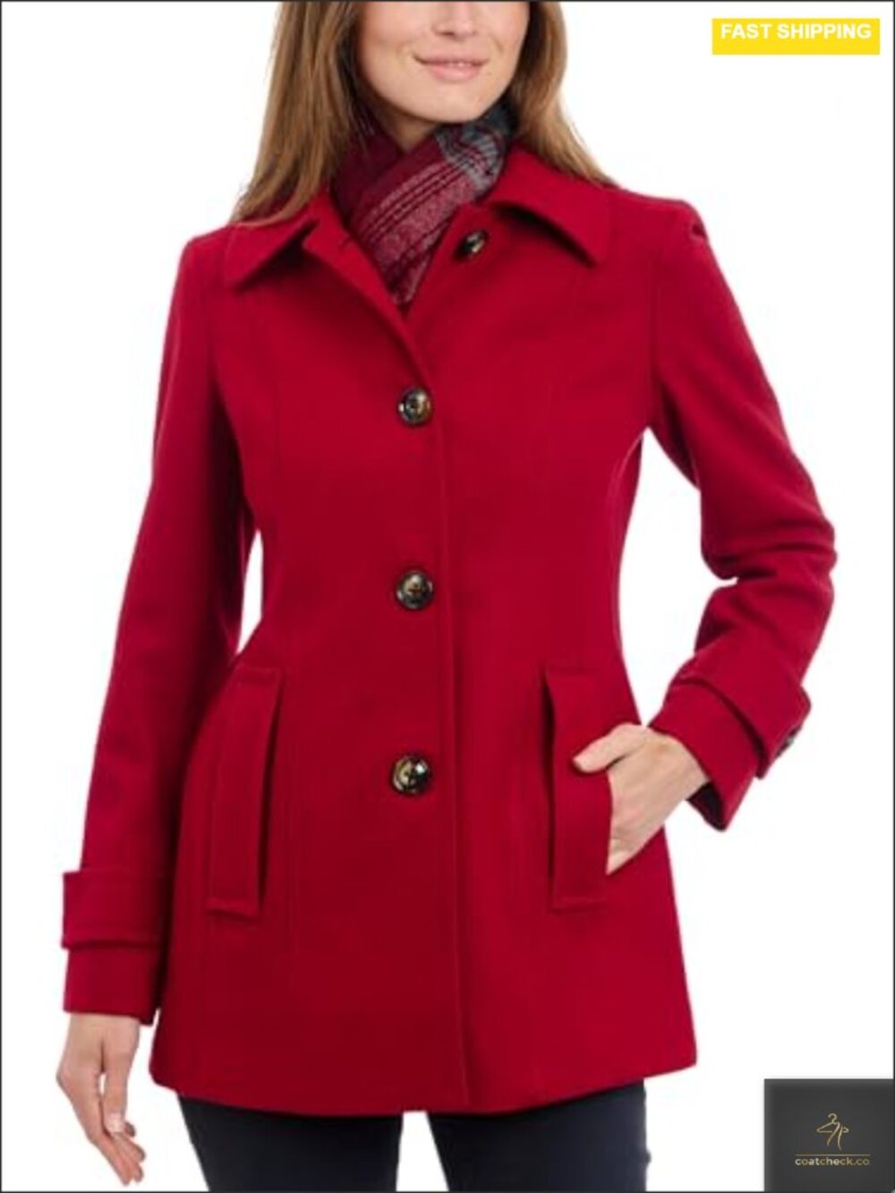 Women's Wool Blend Peacoat with Scarf, Single-Breasted Winter Coat